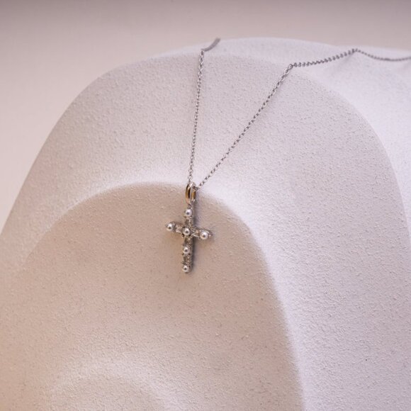 NWT Teresa Cross Necklace // Sterling Silver + Freshwater Pearls + CZ - Picture 3 of 4